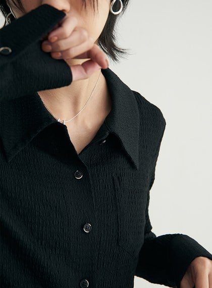 肌理感彈性長袖襯衫上衣